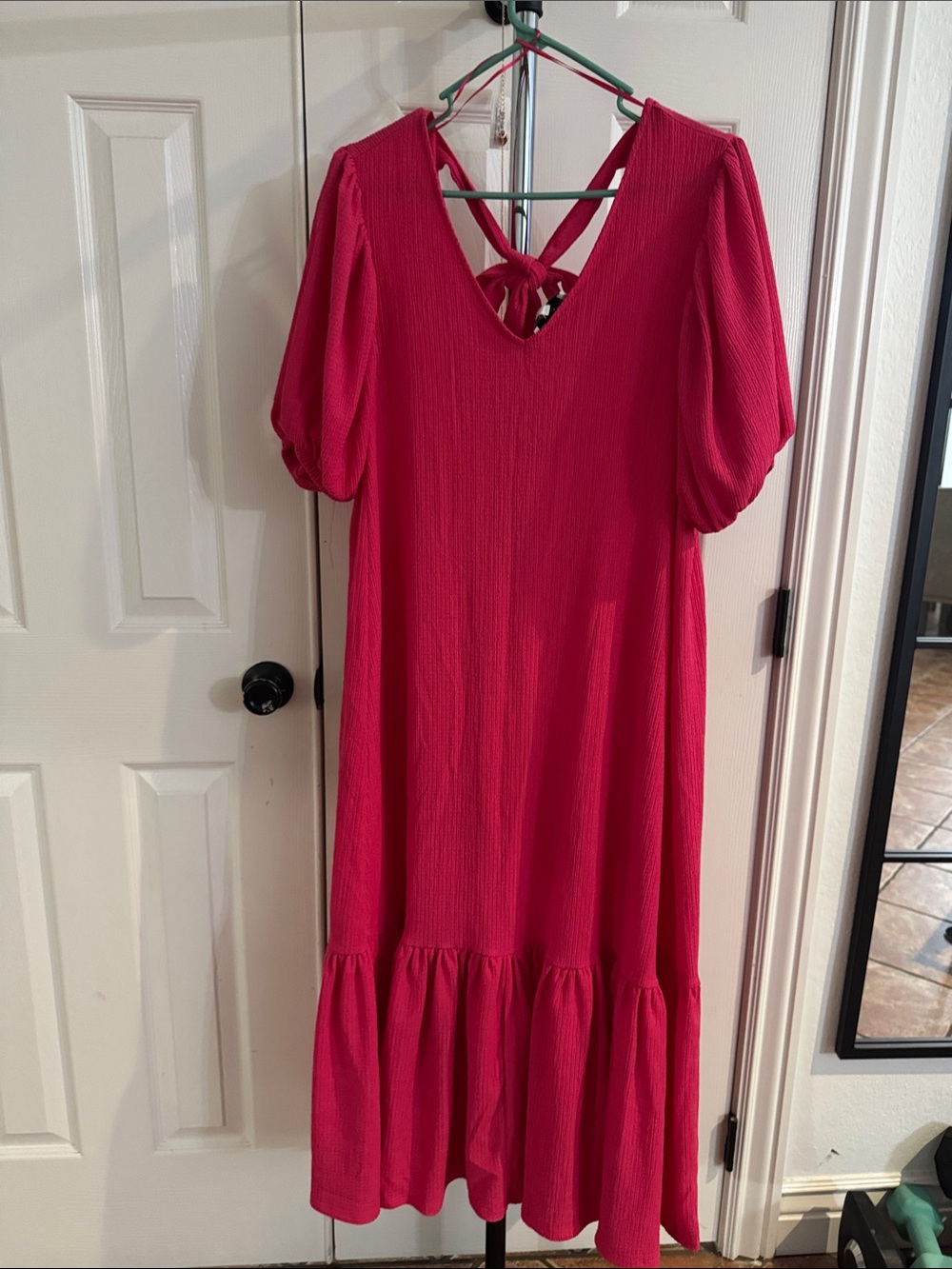 Crepe Waffle Knit V-Neck Tie Back Detail Puffed Short Sleeve Tiered A-Line